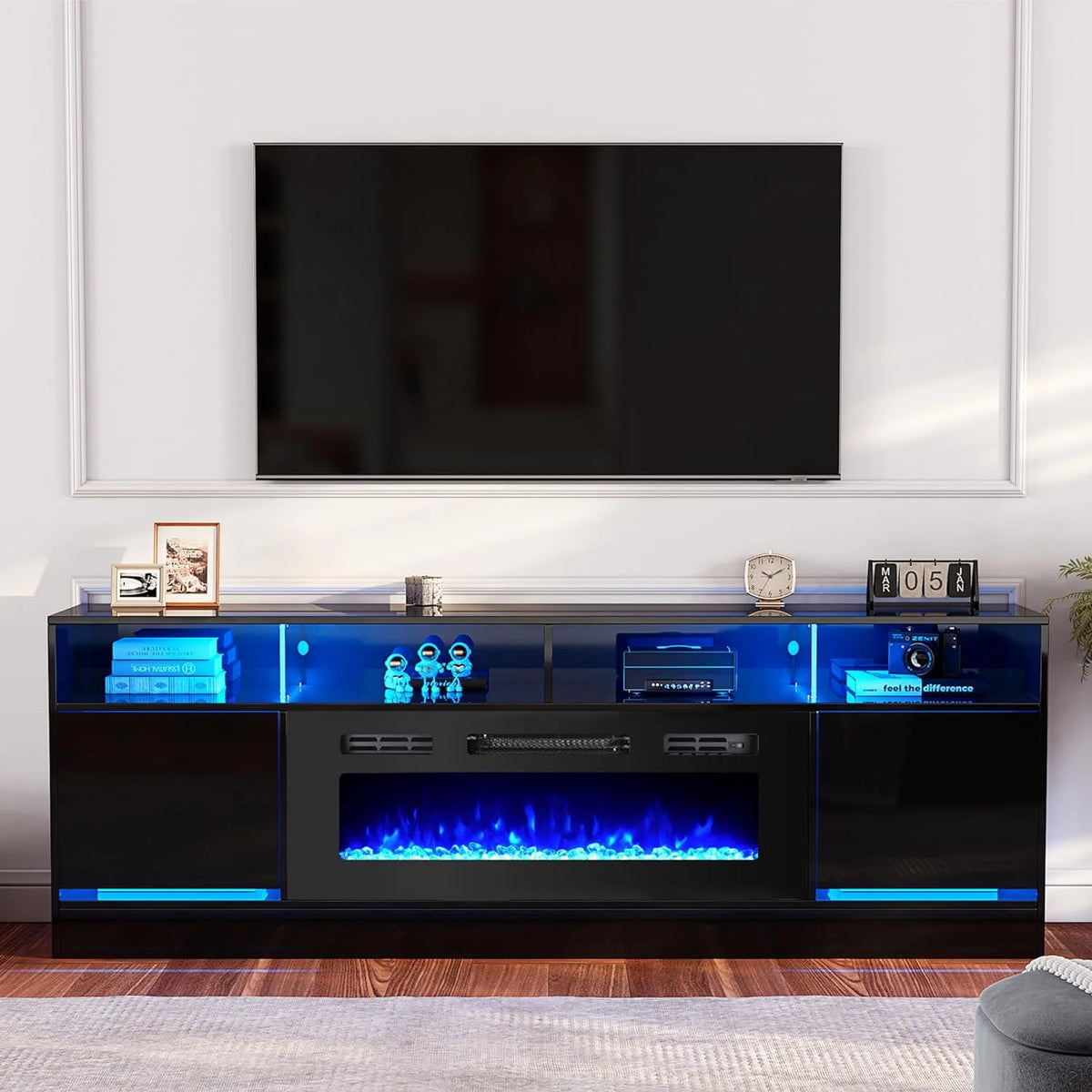 Black TV Stand with 36 Electric Fireplace and Glass Shelves D549