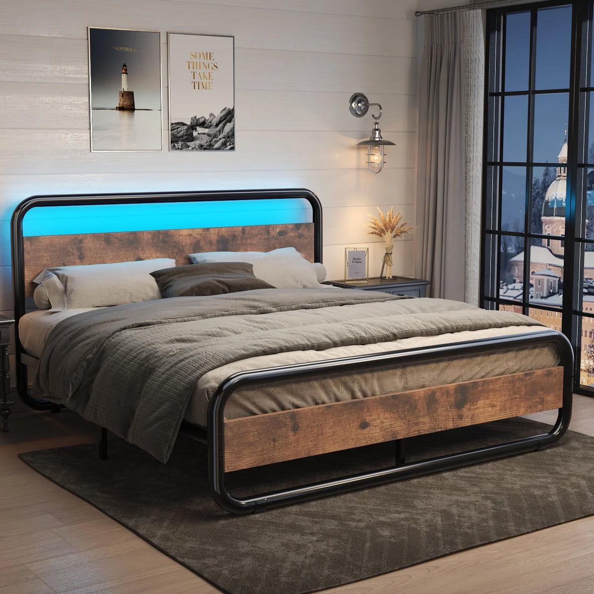 King Size LED Headboard Metal Platform Bed Frame G807913