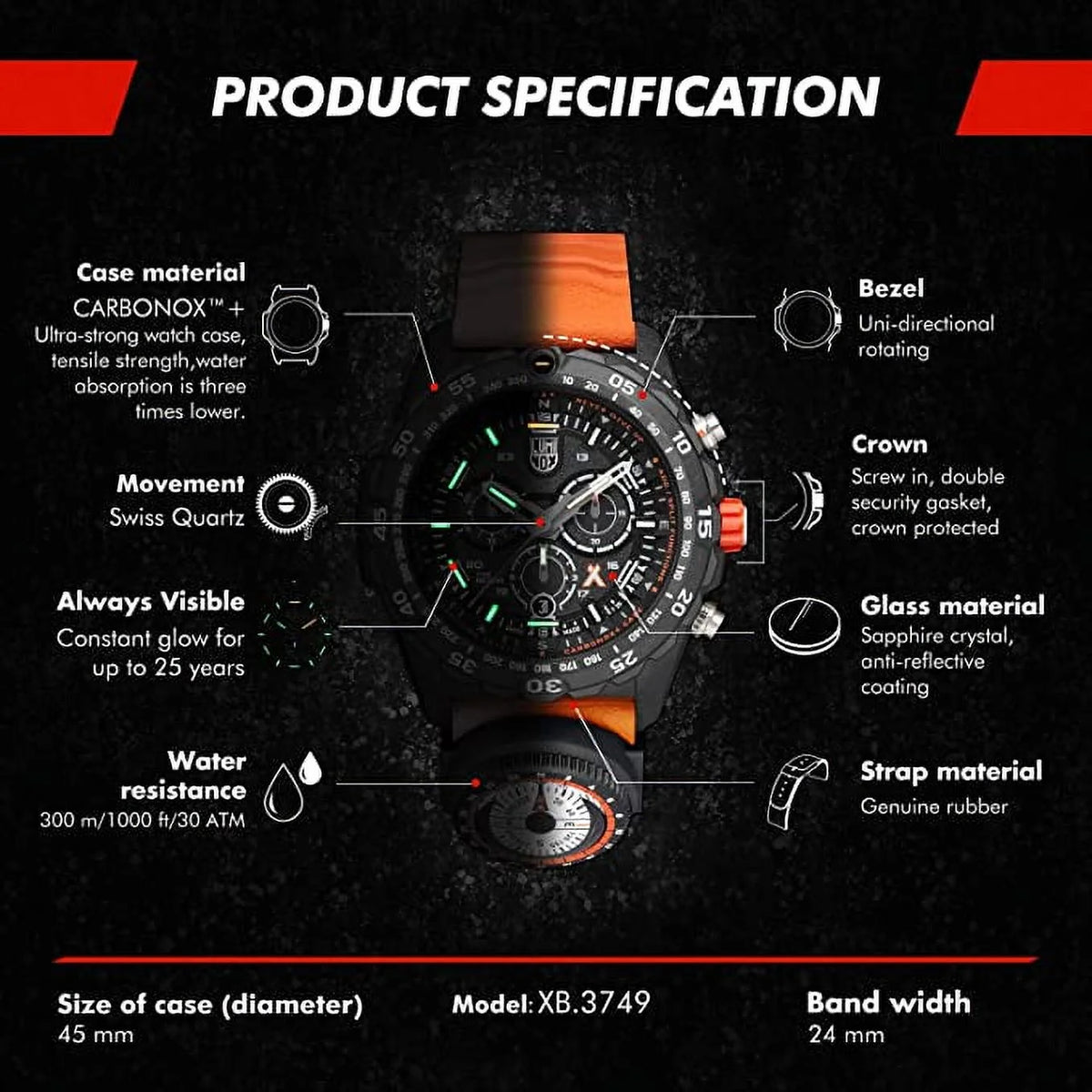 Black Orange Stainless Steel Swiss Made 45mm Watch M5387