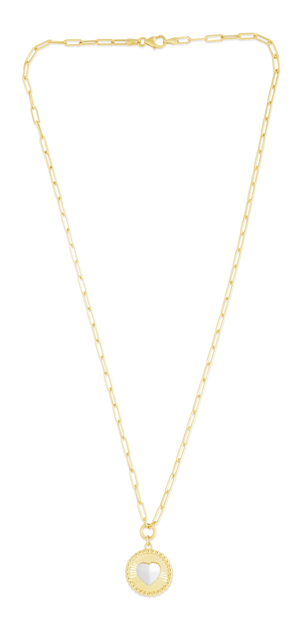 14K Yellow Gold Heart Two-tone Medallion Necklace on Paperclip Chain with Lobster Clasp - 18" F293