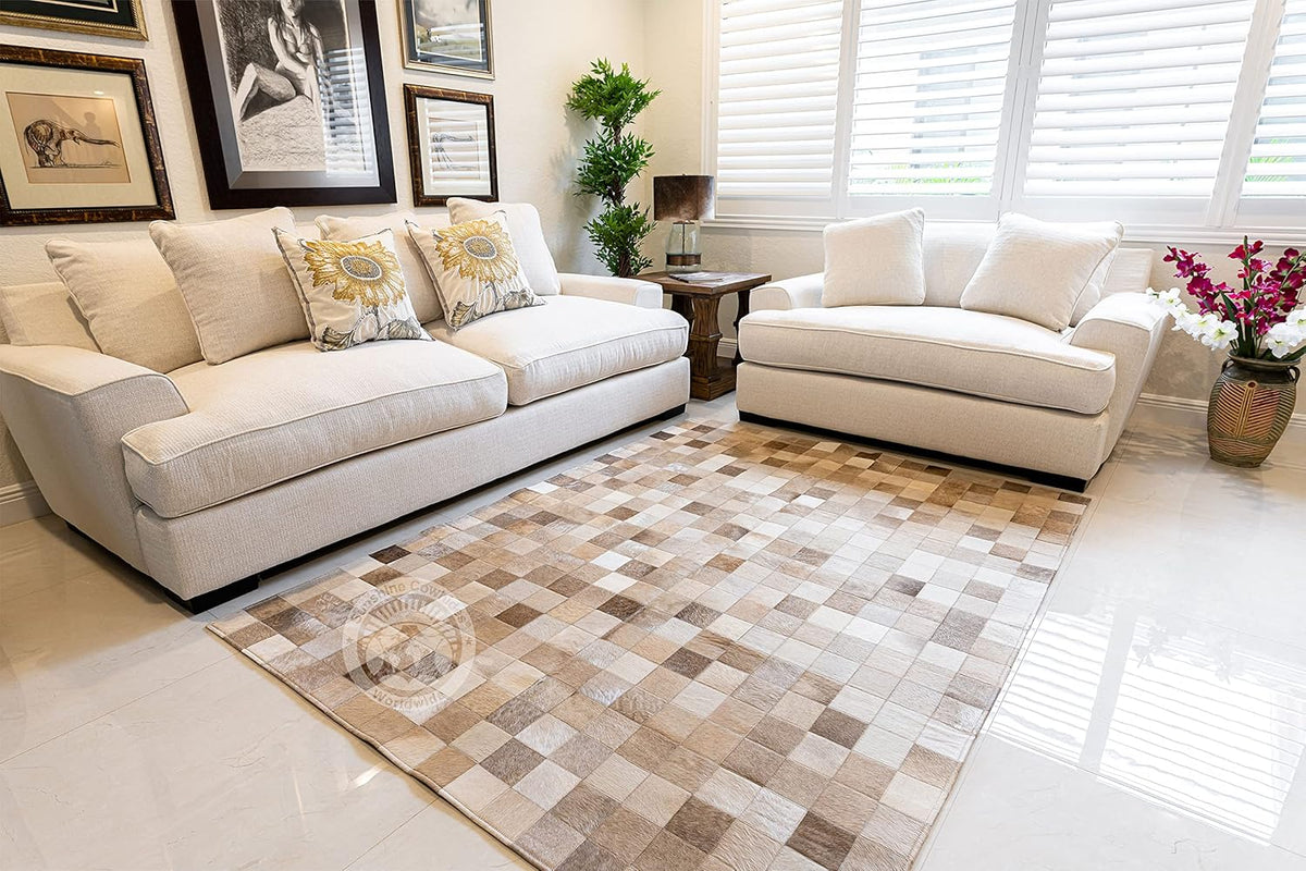 100% Genuine Patchwork Cowhide Rug - Taupe-Champagne, Medium (4x6 Ft.) Q53226