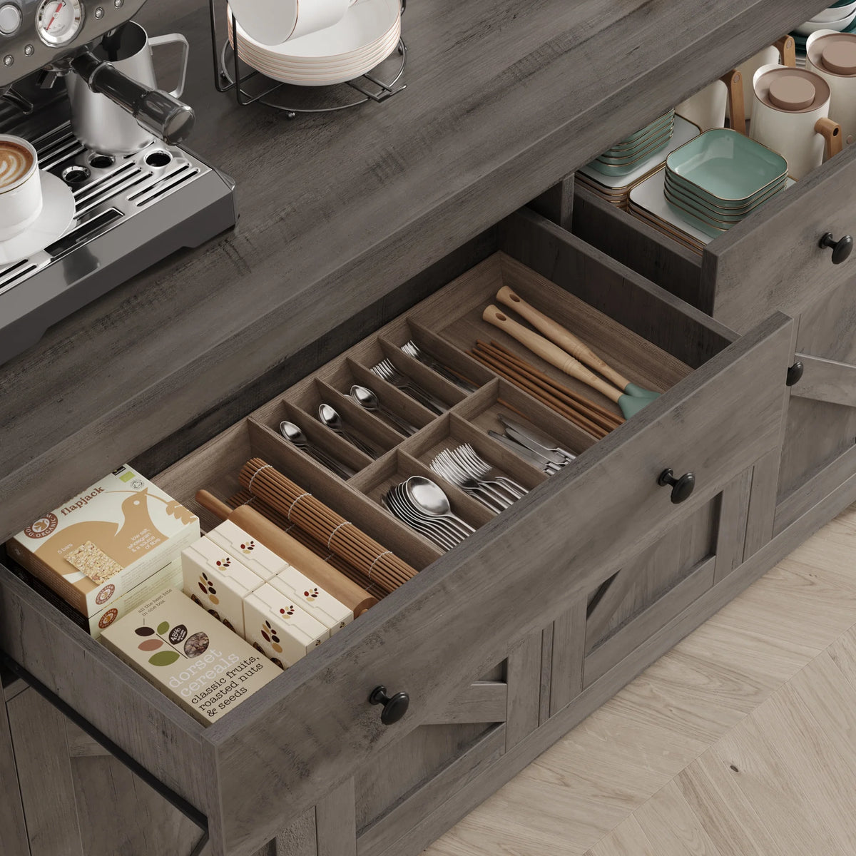 Gray 4-Door 2-Drawer Wood Buffet Cabinet R5211