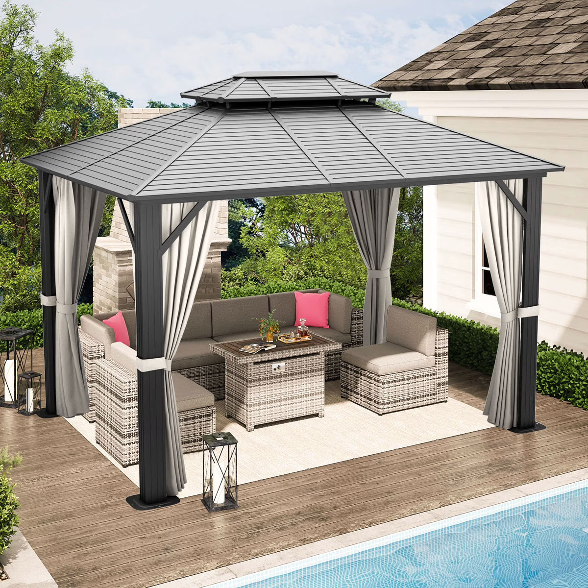 10’ x 12’ Hardtop Aluminum Frame Patio Gazebo with Netting and Curtains F220