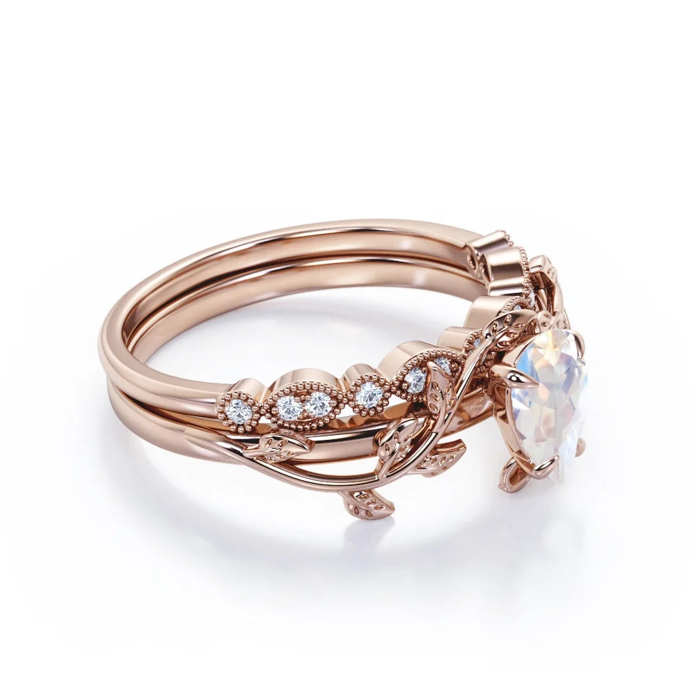 18K Rose Gold Plating over Silver Pear Shape Blue Moonstone and Moissanite Wedding Ring Set K7211