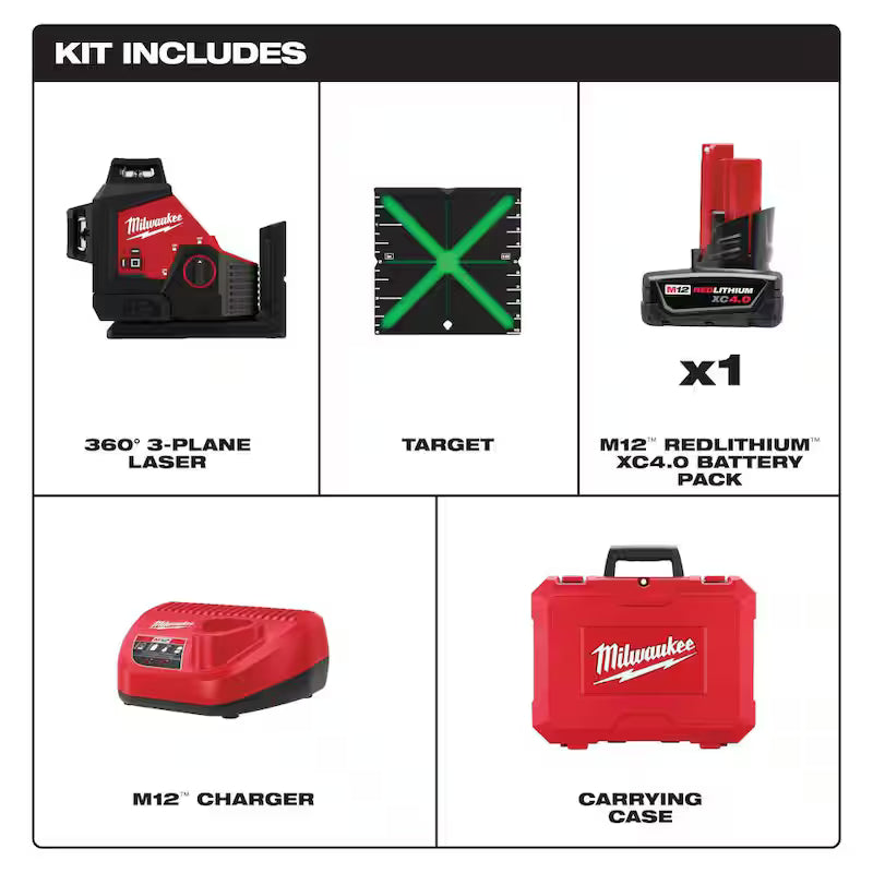 12-Volt Cordless Green 3-Plane Laser Level Kit with Laser Distance Meter T853