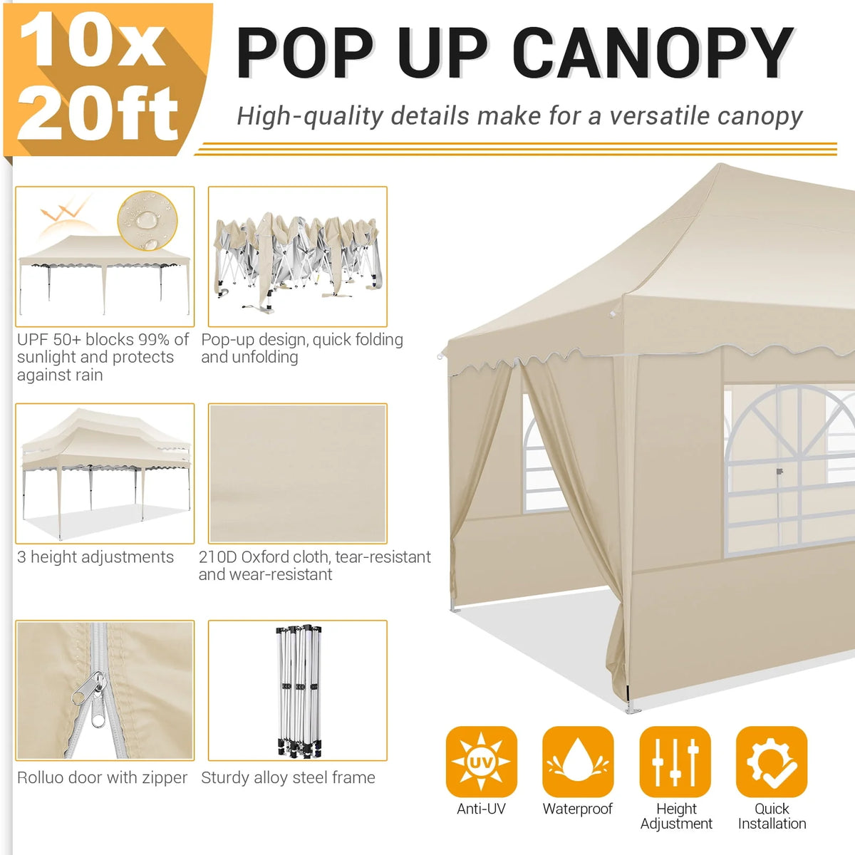 10' x 20' Pop up Canopy Tent with 6 Removable Sidewalls & Carry Bag S750113