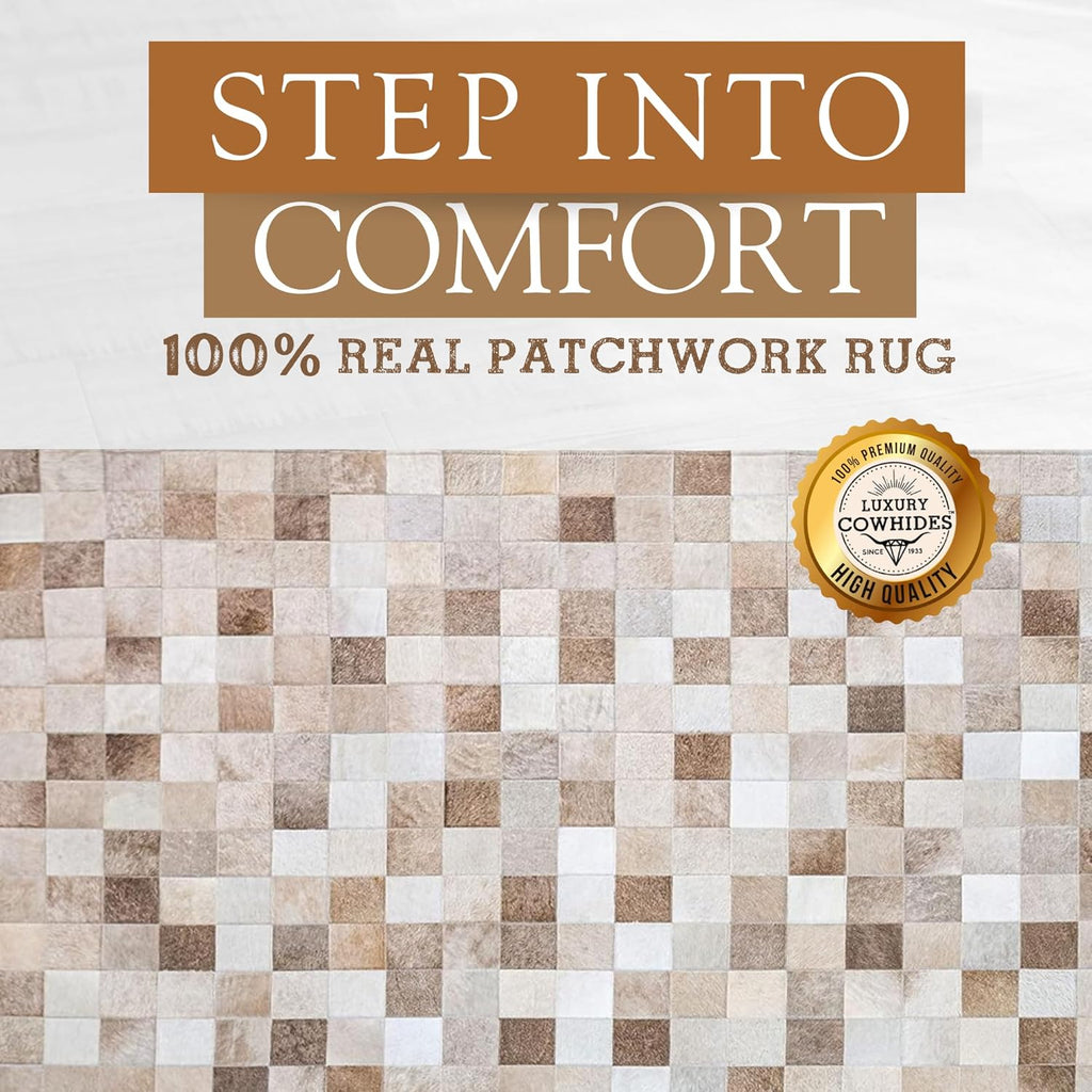 100% Genuine Patchwork Cowhide Rug - Taupe-Champagne, Medium (4x6 Ft.) Q53226
