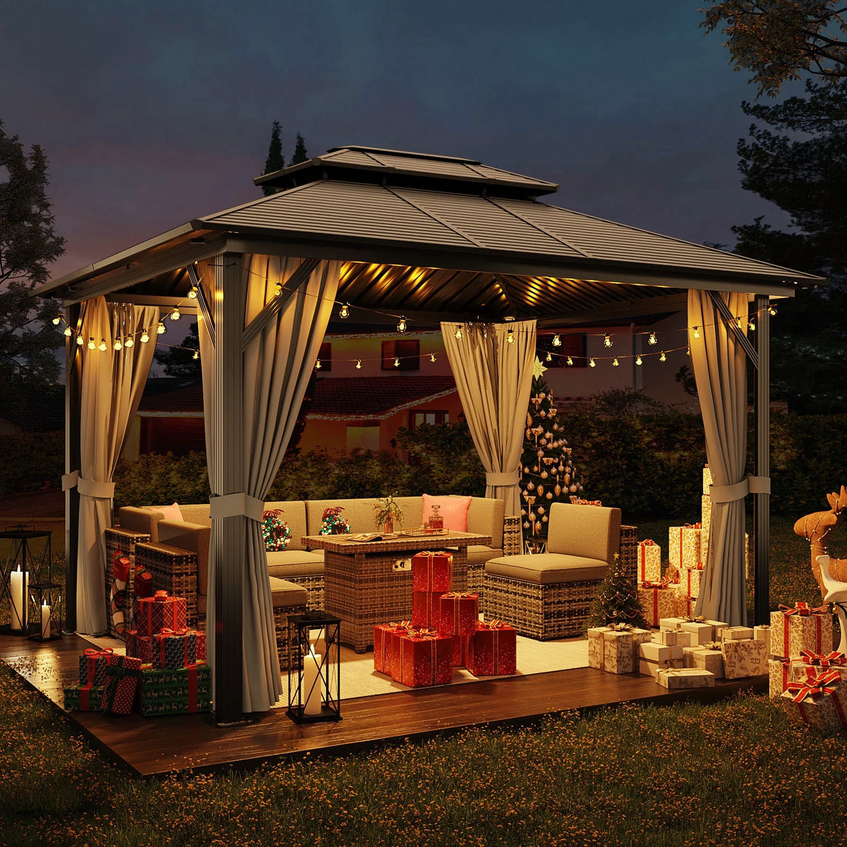 10’ x 12’ Hardtop Aluminum Frame Patio Gazebo with Netting and Curtains F220