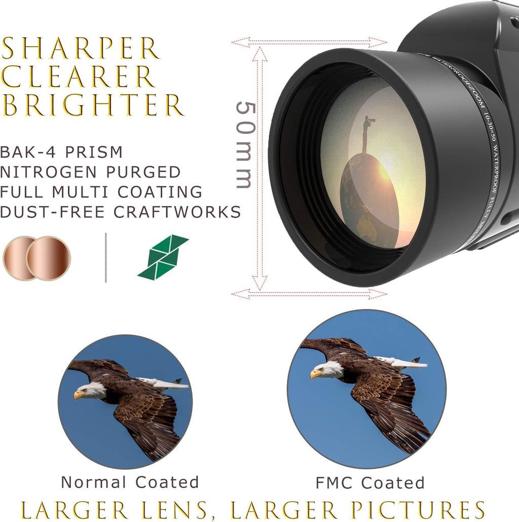 10-30X50 Zoom Monocular Telescope BAK4 Prism Waterproof V416