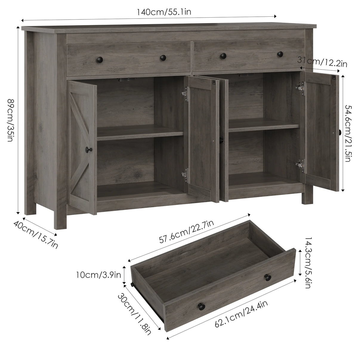 Gray 4-Door 2-Drawer Wood Buffet Cabinet R5211