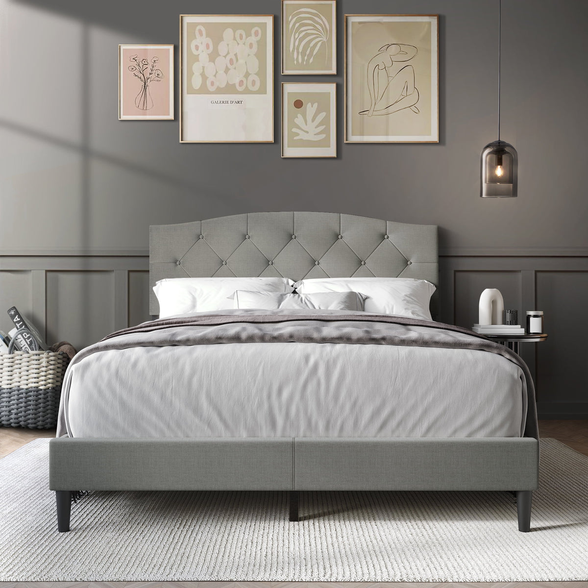 Button Tufted Linen Upholstered Platform Bed Light Grey Queen J70868