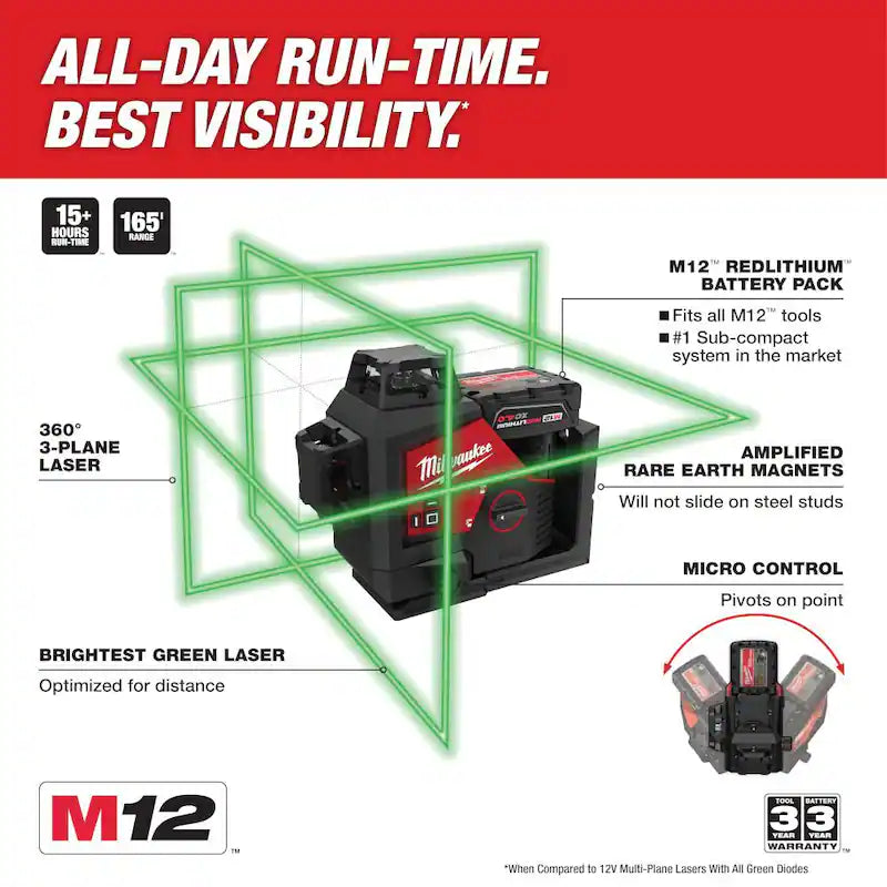 12-Volt Cordless Green 3-Plane Laser Level Kit with Laser Distance Meter T853