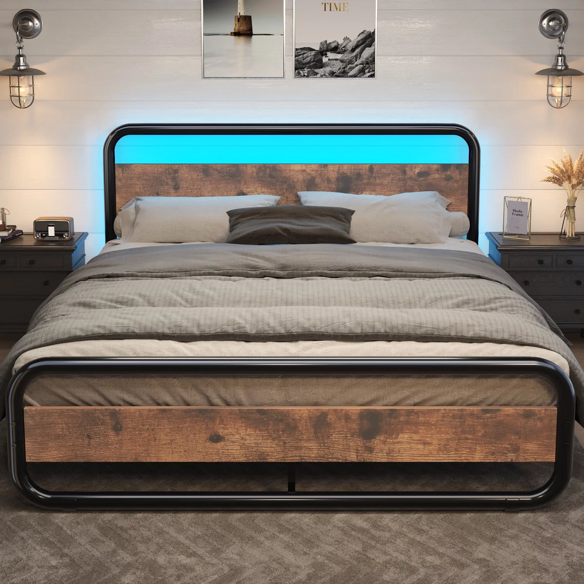 King Size LED Headboard Metal Platform Bed Frame G807913